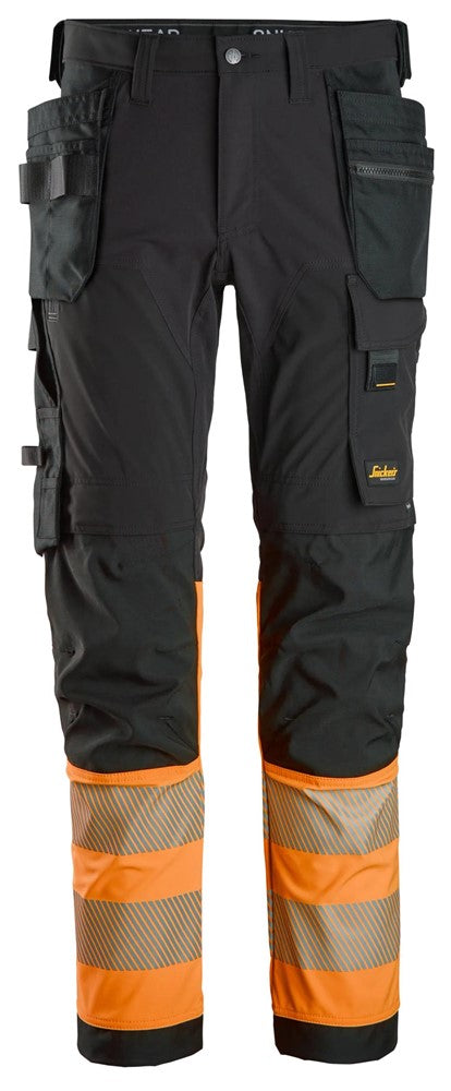 6231 | Snickers | Warnschutz 4-Wege Stretch Hose (High-Vis Kl. 1) mit Holstertaschen in Slim Fit