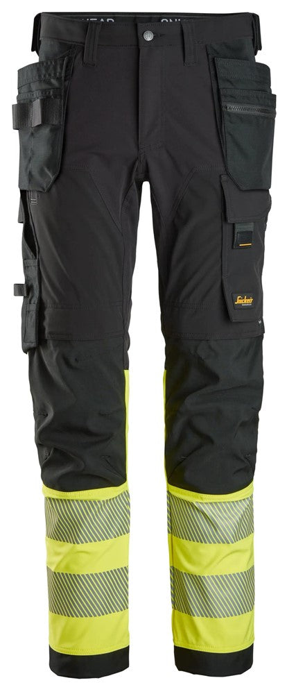 6231 | Snickers | Warnschutz 4-Wege Stretch Hose (High-Vis Kl. 1) mit Holstertaschen in Slim Fit